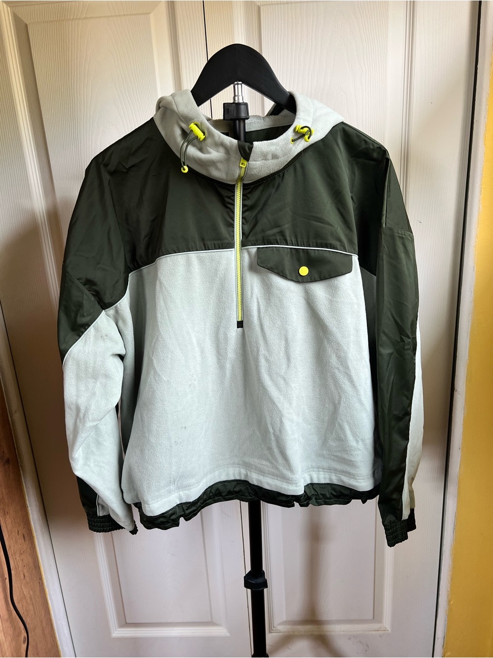 Athleta Light Gray and Olive Green Jacket with Neon Yellow Accents